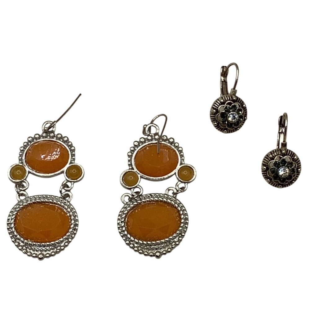 Vintage Style Earring Lot Orange Stone Boho Drops Silver Tone Floral Rhinestone